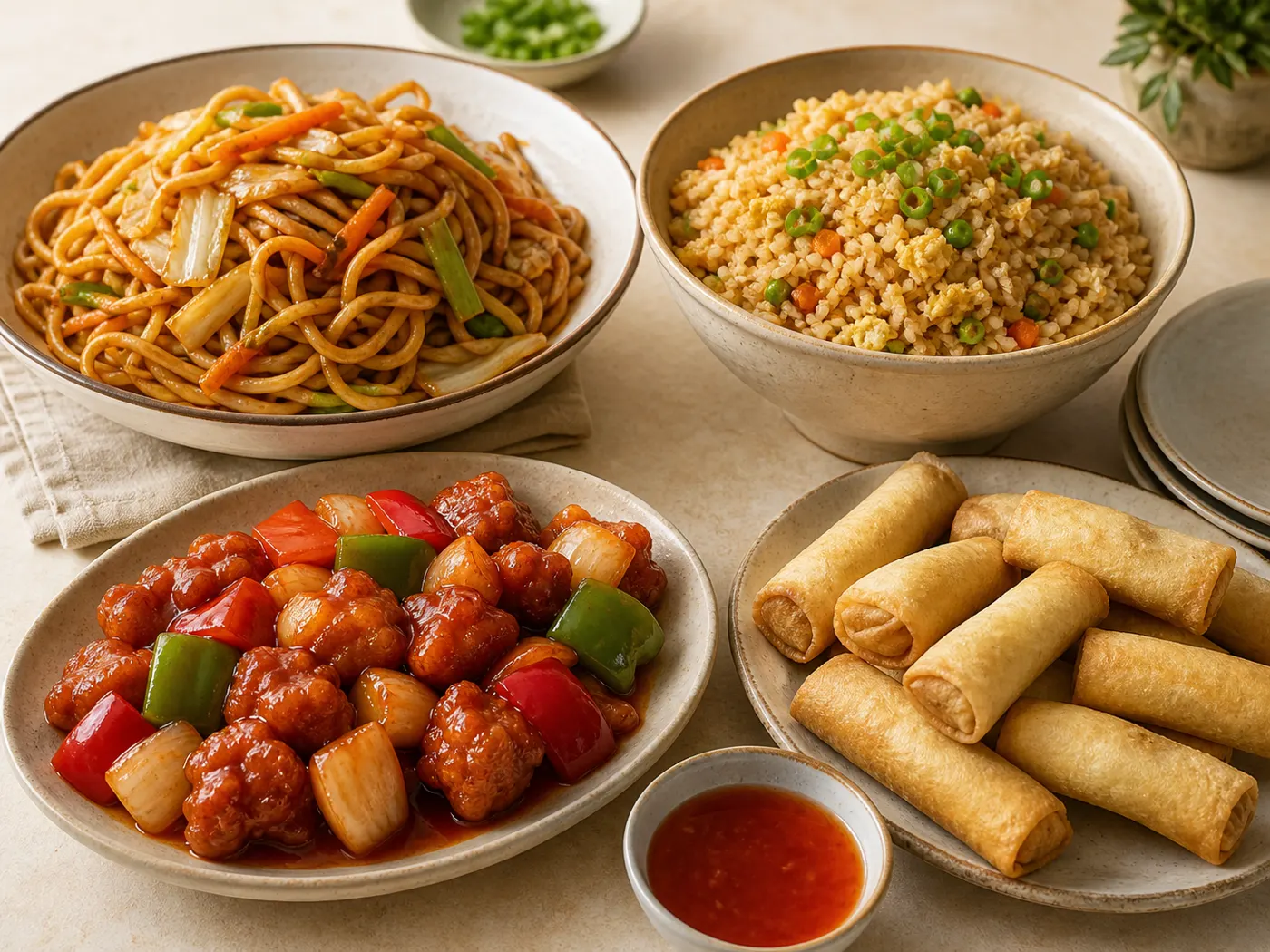 A conceptual preview of chow mein, fried rice, sweet and sour pork, and spring rolls