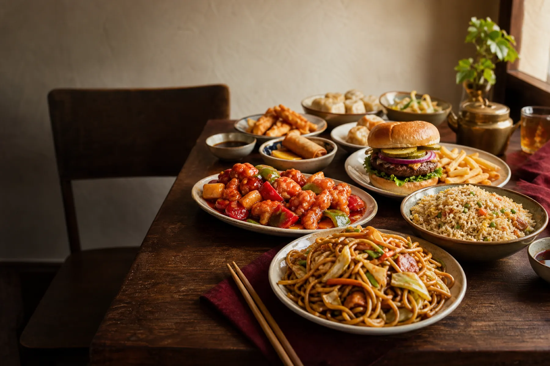 A conceptual preview of Chinese and Western family-style dishes on a warm restaurant table