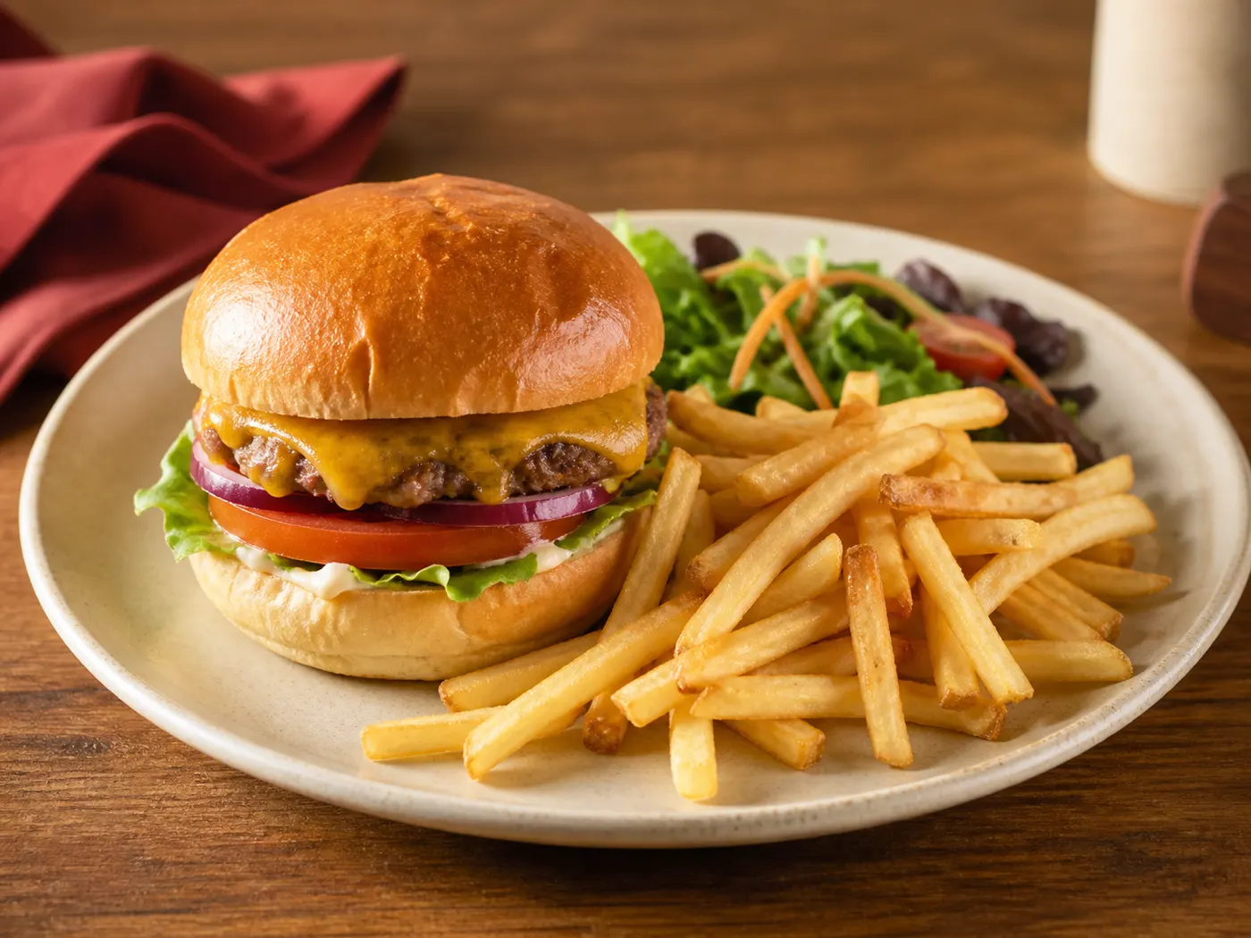 A conceptual preview of a classic burger with fries and salad
